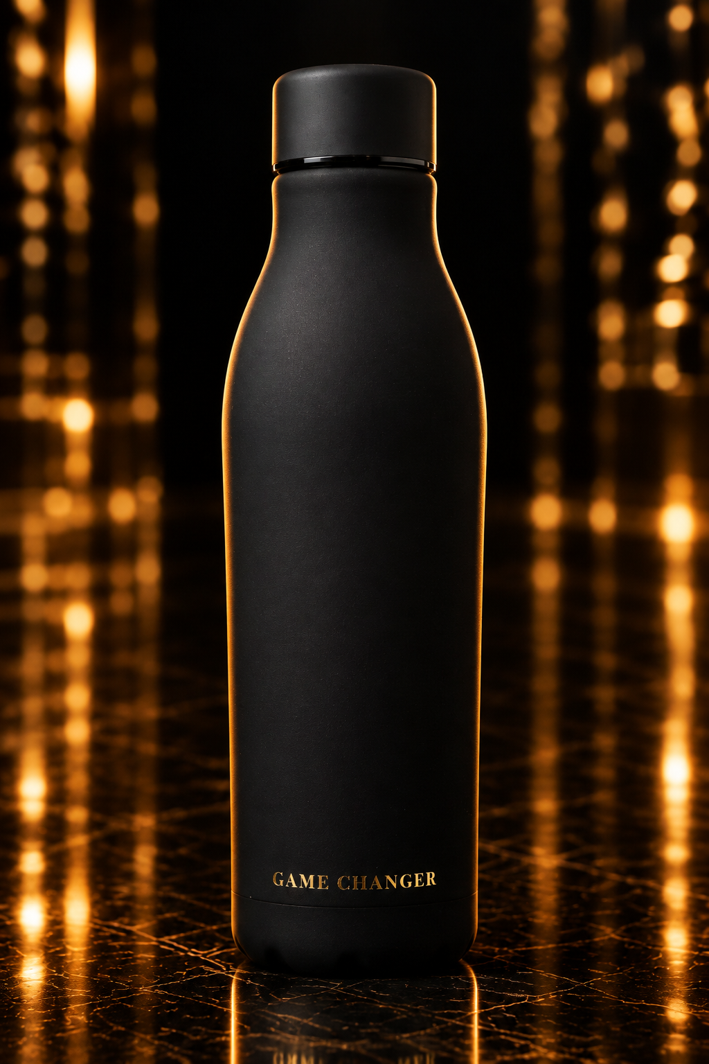 Executive Bottle back view with a cinematic black-and-gold background