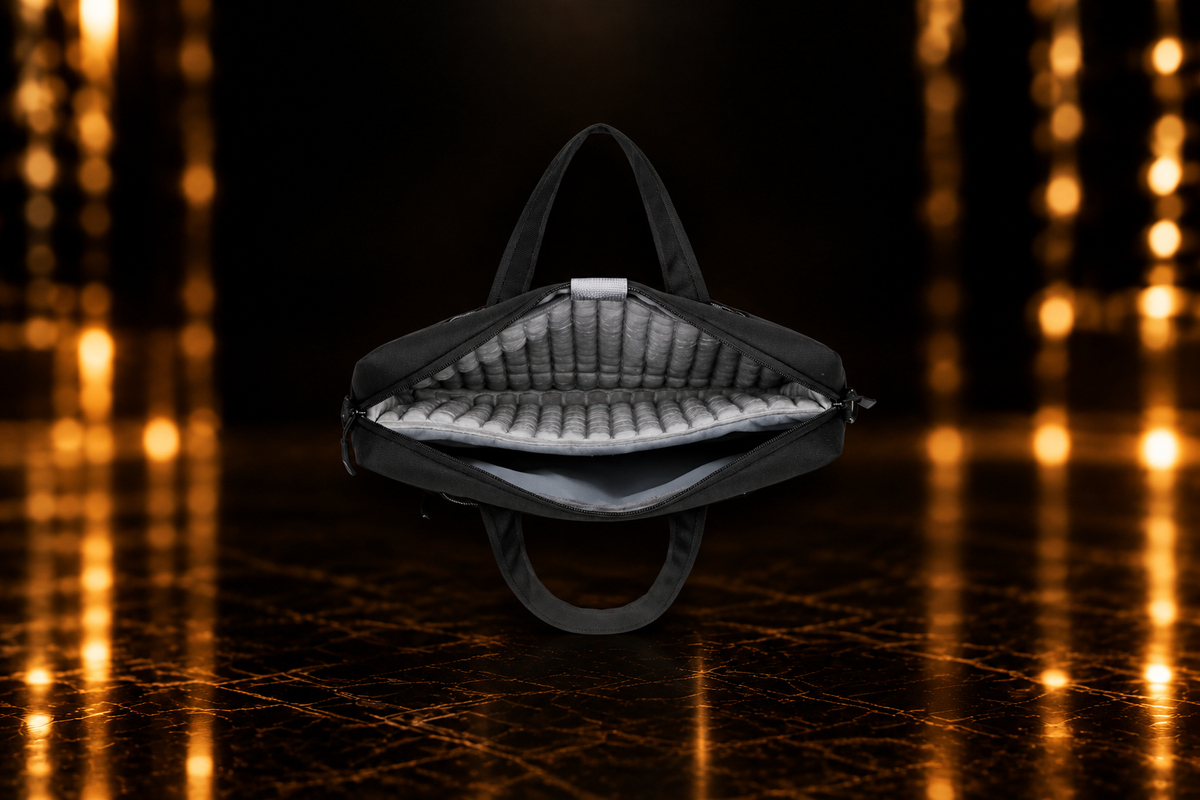 Laptop bag with a wider black-and-gold background