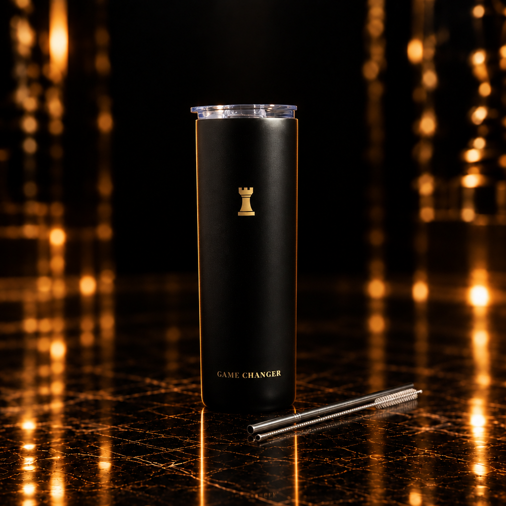 Tumbler photo with a cinematic black-and-gold background